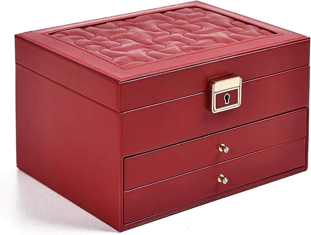 Greenfeather Jewelry Boxes for Women, Jewelry Organizer Box with Lid 3 Layers for Necklaces Rings Earrings and Bracelets Box to Store Jewelry Red Ideal Gifts
