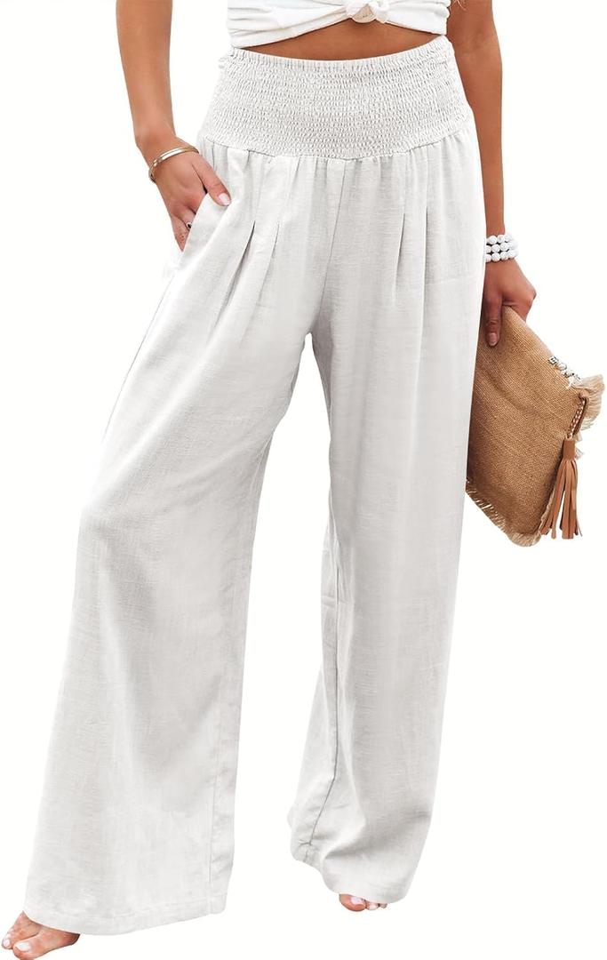 ANRABESS Women Linen Palazzo Pants Summer Boho Wide Leg High Waist Casual Lounge Pant 2026 Beach Travel Vacation Outfits (Medium, White)