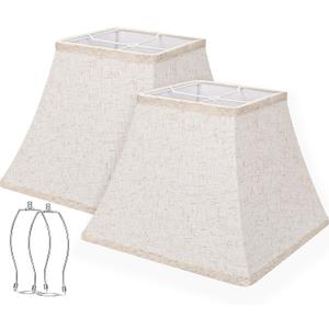 Square Bell Lamp Shades Set of 2, 7.5" x 13" x 10" Medium Beige Shade for Table Lamps Floor Lamps, Fabric Natural Linen Hand Crafted(Spider Fitter), Harp Holders Included, Assembly Required