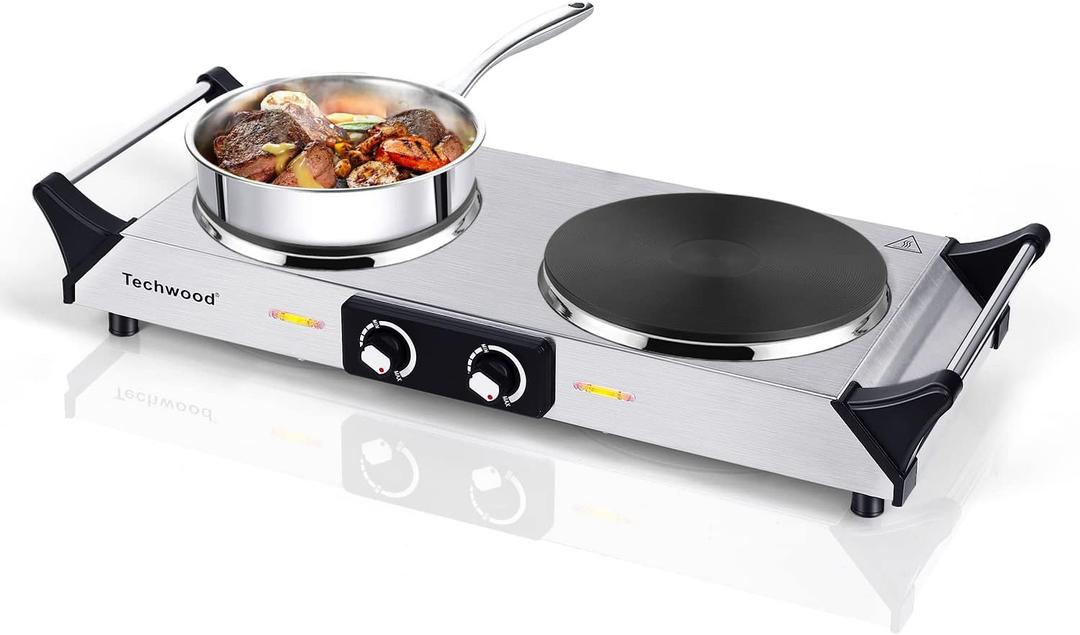 Hot Plate, Techwood 1800W Portable Electric Stove for Cooking Countertop Dual Burners with Adjustable Temperature & Handles, 7.5 Cooktop for Home/RV/Camp, Compatible for All Cookwares, Silver