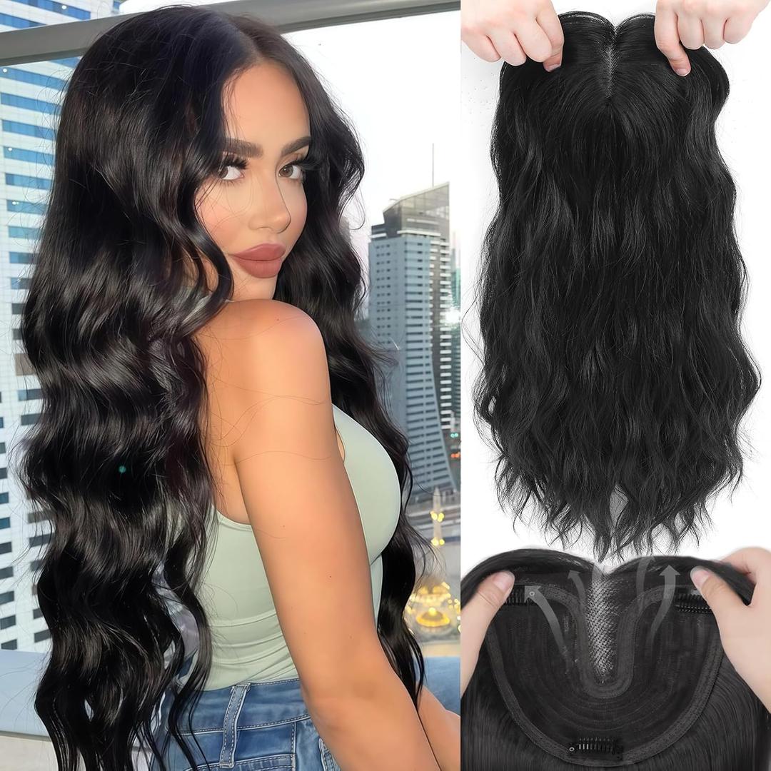 Hair Toppers for Women, 20 Inch Hand Tied Breathable Toppers Hair pieces for Women with Thinning Crown Curtain Bangs Mix Human Hair Clip in Curly Lightweight Wiglets(Black)
