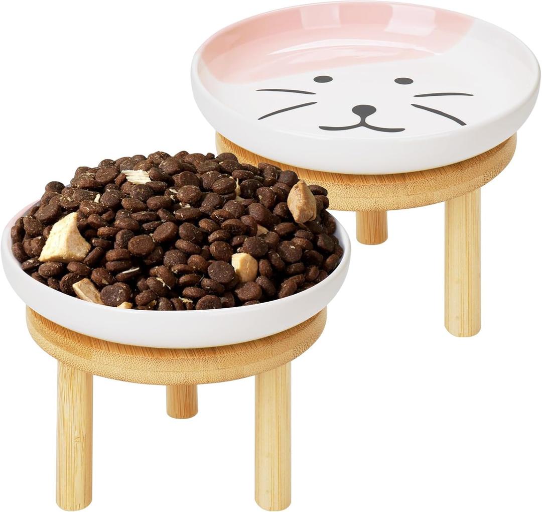 Shallow Elevated Cat Bowls with Bamboo Stand, 5.9 Inch Wide Ceramic Cat Dish Whisker Friendly, 2 Pack Pet Food and Water Plates