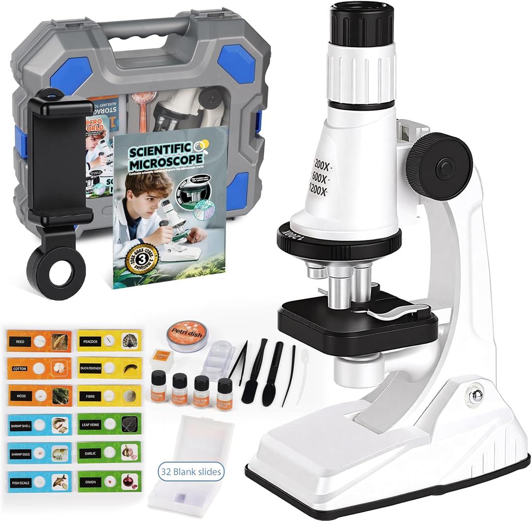 61 Piece Kids Microscope Kit, 100X-1200X Magnification with LED Light | Durable Metal Body, Slides & Carrying Box | STEM Biology Science Kit, Educational Gift for Children Ages 6-12