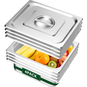 BAKPOCO Hotel Pan With Lid 1/2 Half Size - 4" Deep 4 Packs Stainless Steel Food Pan for Steam Table, Commercial Restaurant, Anti Jam, Buffet, Home