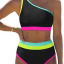 popvil Women's One Shoulder Swimsuit : Neon 2 Piece High Waisted Bikini Sets Cute 2026 Color Block Bathing Suit (S)