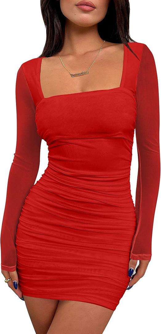 BORIFLORS Women's Sexy Ruched Bodycon Mini Dress Mesh Long Sleeve Club Party Short Dresses, Small, Red