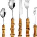 60-piece bamboo silverware set, 18/8 stainless steel flatware set for 12, bamboo handle forks and spoons sets, cutlery utensils set for home kitchen reusable,suggest hand washing