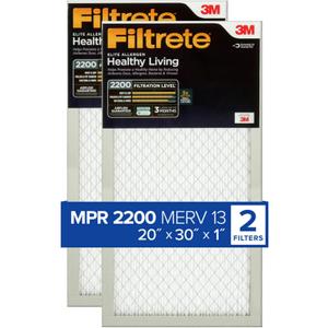 Filtrete 20x30x1 AC Furnace Air Filter, MERV 13, MPR 2200, Elite Allergen, Bacteria & Virus Filter, 3-Month Pleated 1-Inch Electrostatic Air Cleaning Filter, 2-Pack (Actual Size 19.81x29.81x0.78 in)