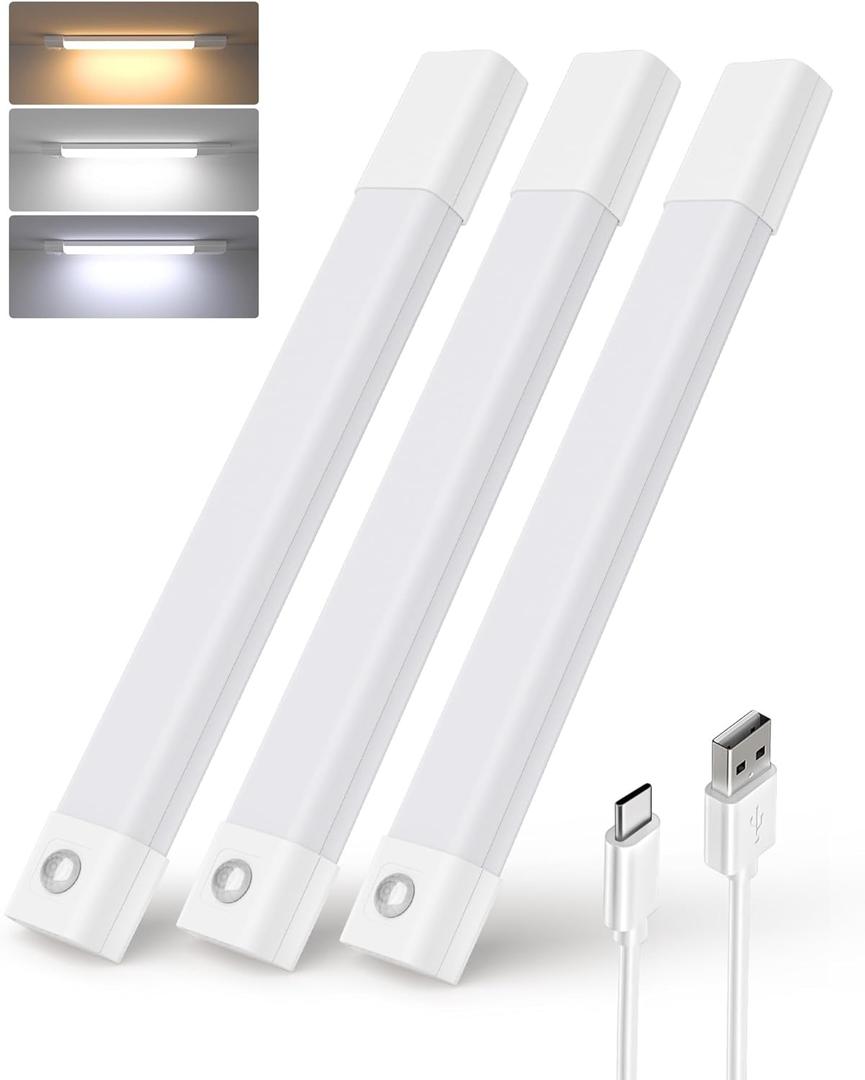 EZVALO Under Cabinet Lighting, Wireless Closet Lights, 50 LED Rechargeable Motion Sensor Light, Dimmable, 3 Color Temperatures, 11.8 inch Counter lights for Kitchen, Pantry, Bedroom, Wardrobe (3 Pack) (White)