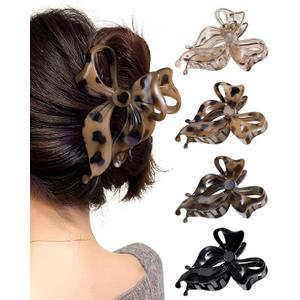 Mesovor 4 Pack Cute Bow Claw Clip for Women, Nonslip Large Matte Strong Hold Bows Hair Clips for Thin and Thick Hair | Chic Hair Styling Accessories (4.1" Black, Leopard)