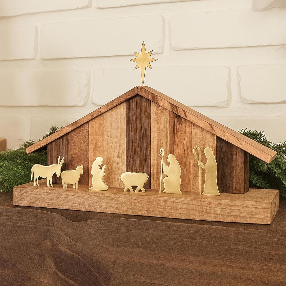 Christmas Wood Nativity Scene Set Decoration 3.9 x 11.8 Inch Rustic Manger Stable Tabletop Decor Vintage Wood Nativity Scene Stable Crche for Christmas Home Table Fireplace Shelves Desk Decor