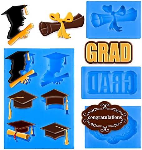 Whaline 3 Pack Graduation Mini Fondant Molds Silicone Graduation Cap Diploma Mould Congrats Grad Congratulations Candy Chocolate Mould for Grad Party Soap Jelly Cake Cupcake Topper Decoration (Blue)