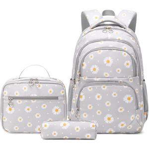 3-in-1 Daisy Laptop Backpack Bag Set, With Lunch Pencil Bag Kits For Teenager Girls, Gradient School Bag For Kids Student (Grey)