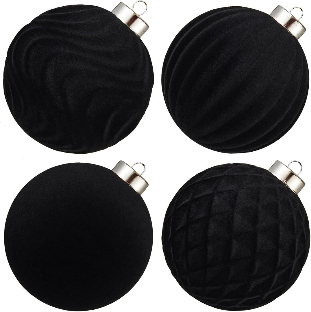 Large Velvet Christmas Ball Ornaments - 4 Inch Flocked Christmas Balls Shatterproof Decorative Hanging Ornaments Set for Xmas Tree Holiday Wedding Party Decor (Black, 4pcs)