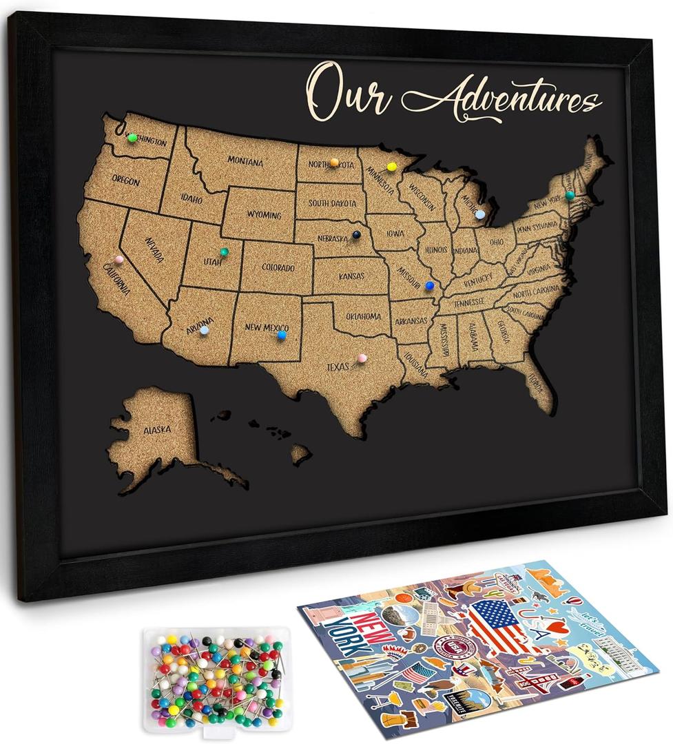 flinelife Cork Board Usa Travel Map With Pins, 13x11, Medium Size, Map of United States, Perfect For Couples and Families Gift