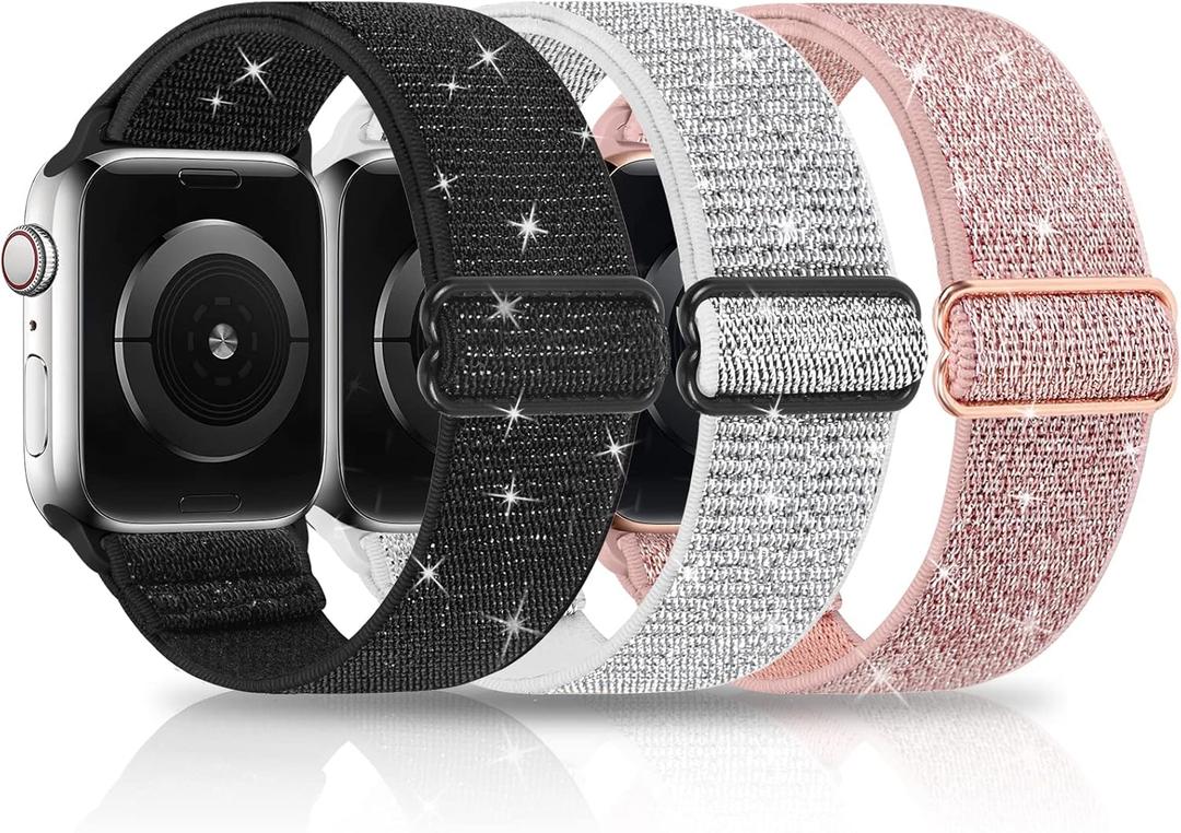 3 Packs Shiny Stretchy Bands Compatible with Apple Watch Band, Nylon Adjustable Sport Solo Loop Women Replacement Straps for iWatch, Size: 38mm/40mm/41mm/42mm(series 10)(Pink/Silver/Black)