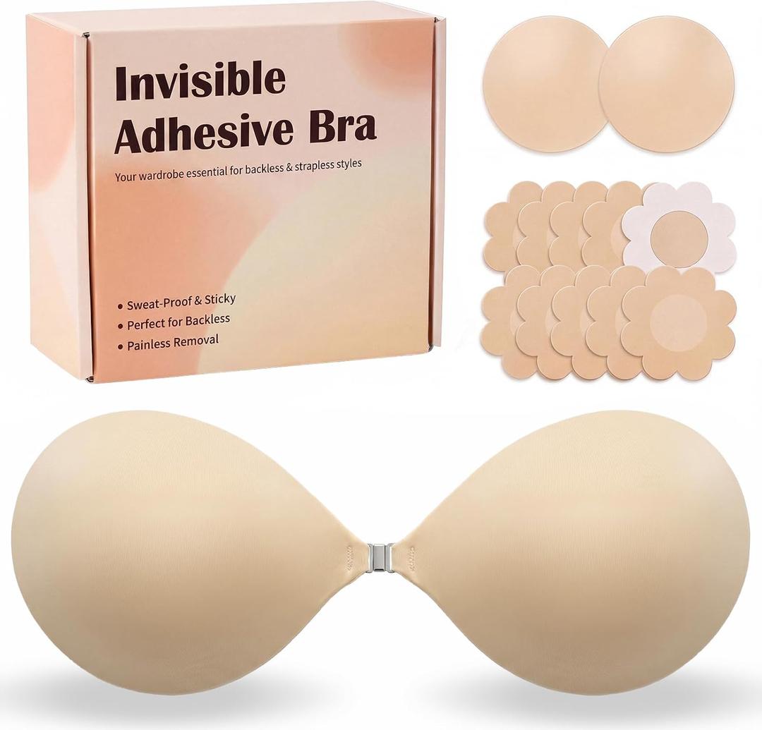 2 x Sticky Push Up Bra Invisible Adhesive Strapless Bra for Backless Dress (Beige)