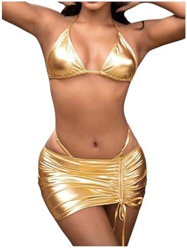 MakeMeChic Women's 3 Piece Metallic Bikini Set Halter Tie Backless String Thong Swimsuit with Ruched Cover Up Skirt, Size M
