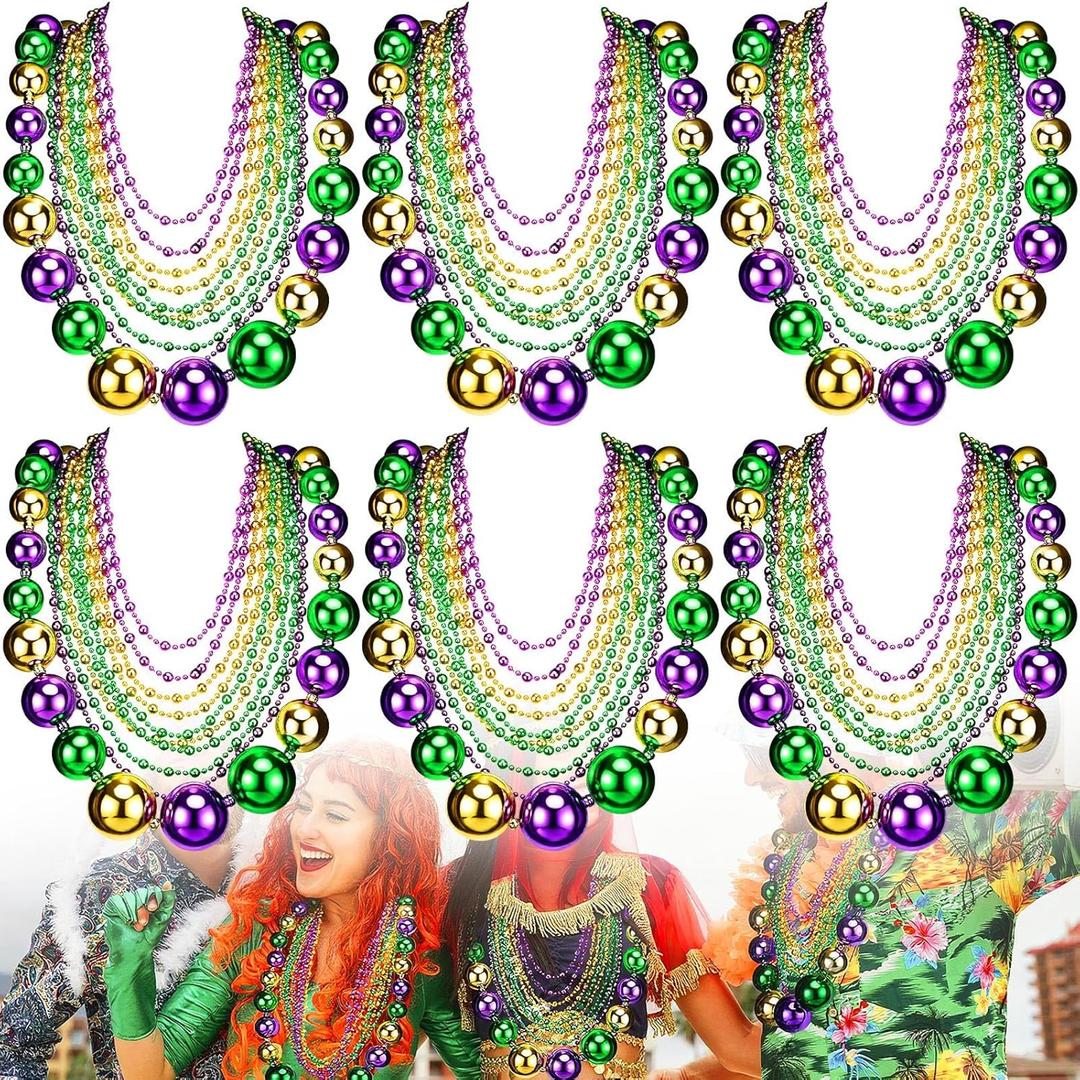 Cunno 60 Pcs 41" Jumbo Mardi Gras Beads Necklaces Bulk Gold Green Purple Plastic Disco Ball Beaded Necklace Carnival Jewelry Mardi Gras Accessories for Carnival Parade Masquerade Party Throw
