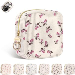 Small Makeup Bag for Purse, Corduroy Flowers Cosmetics Bag, Mini Travel Makeup Pouch for Women, Birthday/Wedding/Christmas Gifts (Floral-Pink)