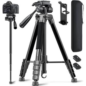 73" Camera Tripod and Monopod, Professional Aluminum Tripod Stand for Mirrorless Camera/DSLR/Cell Phone/Camcorder/GoPro, with Phone Holder and Travel Bag (Black)