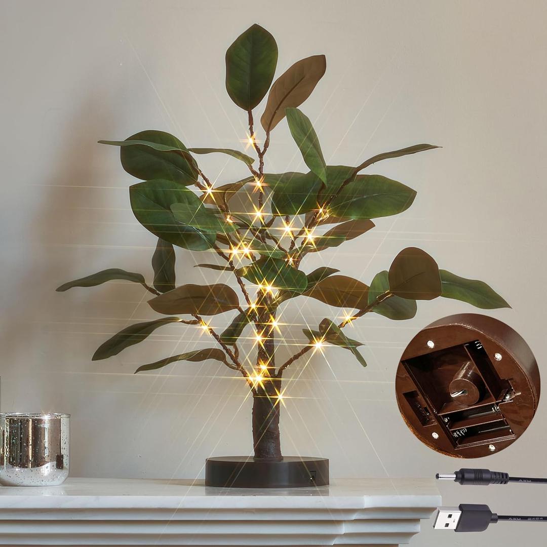 LITBLOOM Lighted Tabletop Magnolia Tree 18IN 35 LED Fairy Lights with Timer, Bonsai Tree with Lights Battery Operated or USB Plug in for Wedding Spring Home Decoration