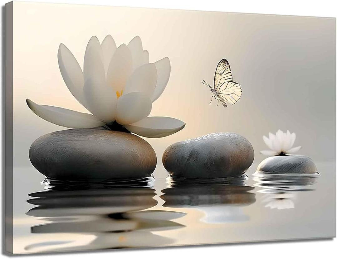 Large Zen White Lotus Canvas Wall Art Bathroom Decor Painting Pictures Living Room Meditation Spa Posters Prints for Modern Spiritual Yoga Bedroom Decoration Ready to Hang, Wrapped Canvas 36"L x 24"W