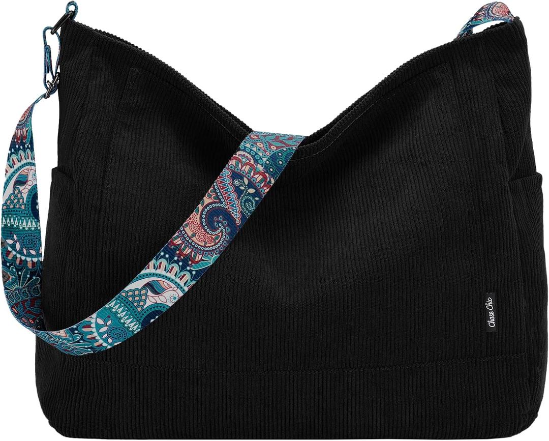 Chase Chic Corduroy Tote Bag for Women, Large Messenger Bag Crossbody Hobo Bag Convertible Shoulder Handbag for Work (Black)