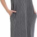 Womens Casual T Shirt Dress Summer Fall Crewneck Loose Fit Side Split Knee Length Dress Ribbed Pattern with Pockets (Gray, S)