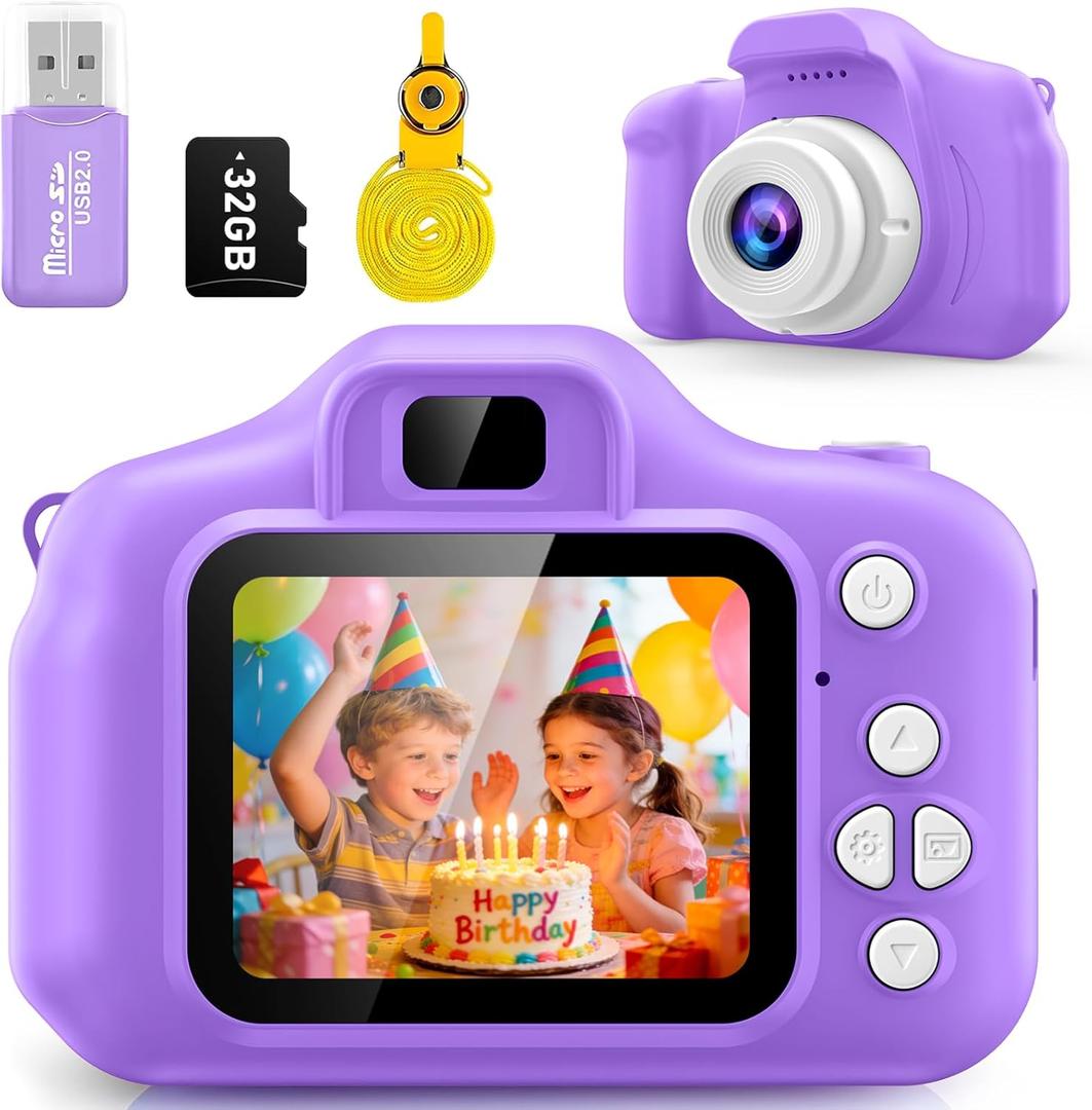Kids Camera for Girls, 1080P HD Digital Camera with 32GB SD Card, 8MP Sky Purple Camera Toy for 3-12 Year Old Girls, Birthday Gift with 6 Filters, 20 Frames Video (Light Purple)