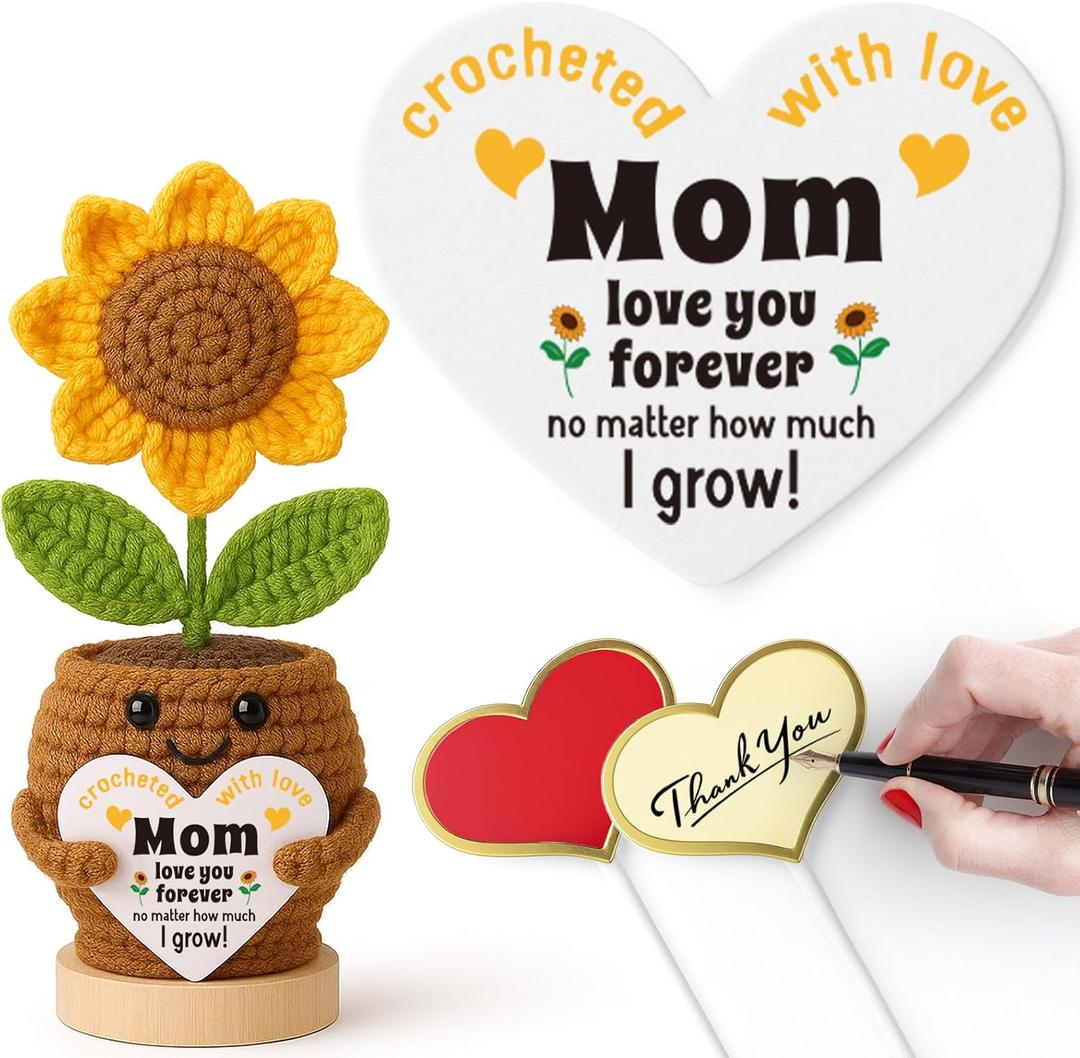 Mothers Day Mom Gifts from Daughters Son, Mom Birthday Gifts, First Mother's Day New Mama Present for Mum Mommy Stepmom, Handmade Crochet Sunflower Present for Mother in Law
