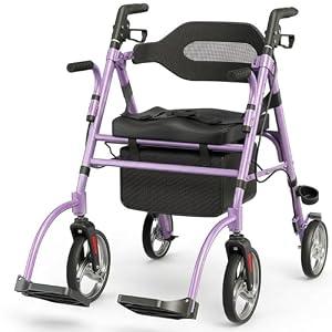 Ablecare Updated Rollator Walker for Seniors with Seat, 2 in 1 Rolling Walker Wheelchair Combo for Mobility-Impaired, Dual Height Adjustment, Lightweight & Foldable Rollator, Capacity 310lbs (Purple)