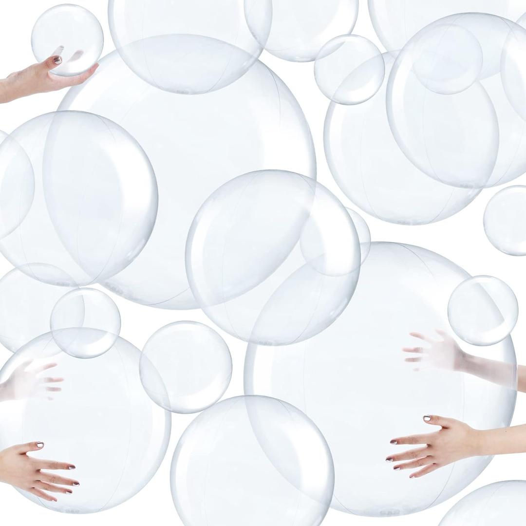 Sratte 20 Pcs Inflatable Beach Balls Bulk, Multiple Sizes Summer Swimming Pool Balls for Adults Hawaii Luau Party Supplies(Clear,Classic)