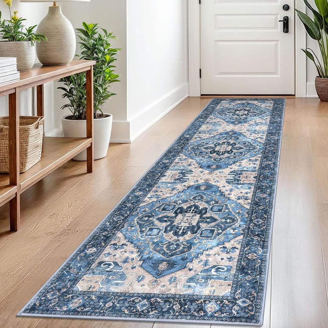 SIILOOM 2x8 Washable Runner Rug for Hallways, Blue Soft Classic Kitchen Rugs with Non-Slip, Non-Shedding Boho Rug for Hallways Entryway Bedroom Bathroom Laundry Indoor