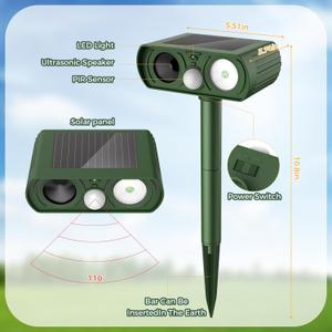 1 PACK Solar Ultrasonic Animal Repellent Outdoor, Deer Repellent Devices Squirrel Cat Raccoon Rabbit Dog Deterrent, Keep Rodent Chipmunk Away Motion Detection with Flash Light for Yard Garden Lawn