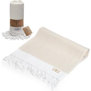 SMYRNA TURKISH COTTON Original Turkish Beach Towel | Prewashed, 37 x 71 Inches | Peshtemal and Turkish Bath Towel for SPA, Beach, Pool, Gym and Bathroom, Cream