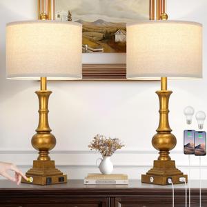 Farmhouse Table Lamps for Living Room, 26" Vintage Table Lamp Set of 2 with USB A+C Charging Ports & AC Outlets, Touch Control 3-Way Dimmable Rustic Bedside Nightstand Lamps for Bedroom Gold Brass