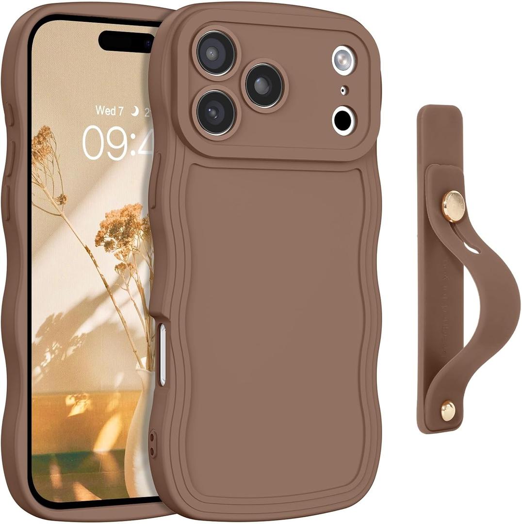 GUAGUA for iPhone 17 Pro Case with Wrist Strap, Wavy Edge Phone Case Cute Curly Shape with Adjustable Wristband Kickstand Shockproof Anti Slip Phone Case for iPhone 17 Pro 6.3'', Brown