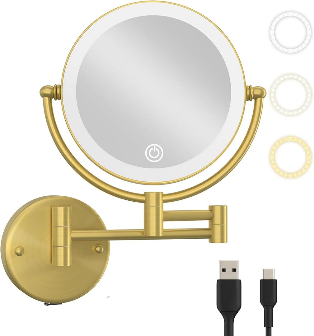 Make up Mirror Wall Mounted with Lights and 10X Magnification Rechargeable, 8" Double Sided, 3-Colors Touch Dimmable Extended Arm 360 Rotation Foldable Cosmetic Mirror, Brushed Gold
