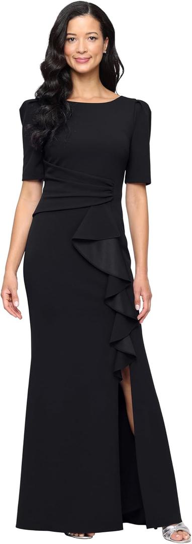 Alex Evenings Women's Stretch Crepe Dress with Puff Shoulder Elbow Sleeves, Tucked Waist Detail and Cascade Ruffle, 18