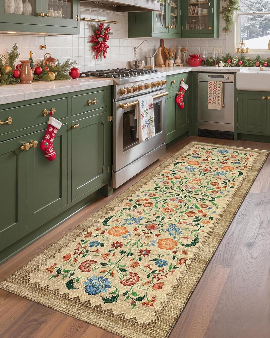 GarveeHome Floral Rug 2x6 Runners for Hallways, Boho Kitchen Runner Rugs Non Slip Bath Runners, Vintage Washable Runner Rug for Bedroom, Soft Long Rugs for Entryway Bathroom Laundry Dorm, Beige