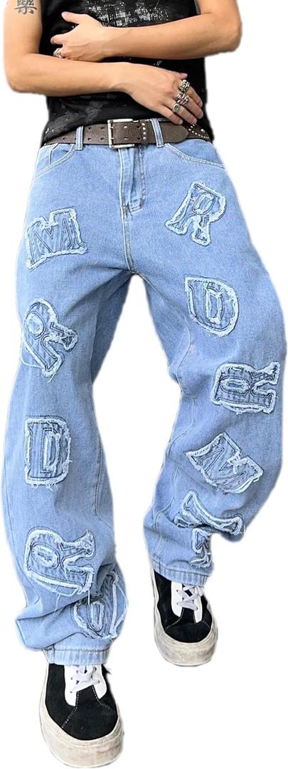 Mens Womens Baggy Jeans Patched Letter Badge Wide Leg Denim Pants Y2k Hip Hop Casual Loose Trousers (Medium, A10 Blue)