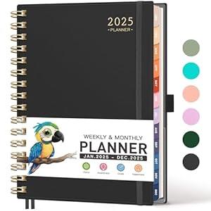 RETTACY 2025 Planner, Weekly and Monthly Planner, Jan 2025 - Dec 2025, 5.7" × 8.3", Medium Size, 2025 Calendar, 12-Monthly Tabs, Flexible Plastic Cover, Spiral Bound, 100 GSM Thick Paper (Black)