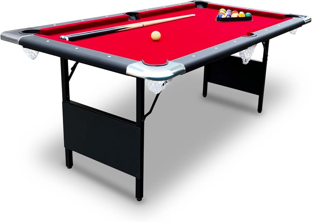 Hathaway Fairmont 6 ft Folding Pool Table for Family & Home Use Includes Full Set of Billiard Balls, Cues, Chalk, Triangle and Carrying Bag, Portable Space-Saving Table with Blue Felt and Black Finish (Red)