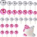 30 Pcs Disco Ball Cupcake Toppers, 70s Retro Cake Decorations with Stick Shiny Mini Disco Ball Picks Disco Theme Party Supplies for Dessert Birthday Decorations Ornament Small (Pink, Silver)