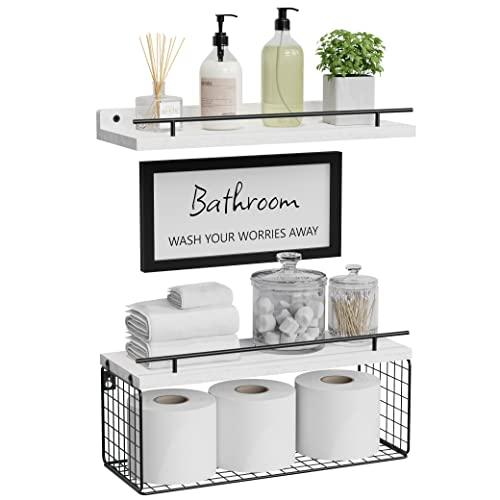 WOPITUES Floating Shelves for Wall Decor Sign, Bathroom Organizer and Storage, Bathroom Shelves Over Toilet with Metal Guardrail-Modern White