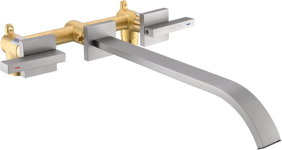 Wall Mount Tub Filler, Brushed Nickel Wall Mounted Bathtub Faucet Brass Extra Long High Flow Bath Tub Faucet Set, BY005TN