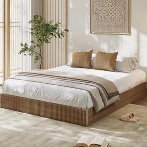 Garvee Queen Bed Frame, Wood Platform Bed with Fluted Design, Low Profile BedFrame, Minimalist Bed Base with Noise-Free, Easy Assembly, No Box Spring Needed, Walnut