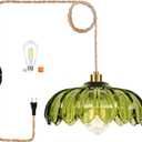 QIYIZM Plug in Pendant Light Hanging Lights with Plug in Cord Boho Hanging Lamp Glass Gold Mid Century Modern Vintage Dimmable Green Flower Plug in Chandelier Ceiling Fixture for Living Room,Kitchen