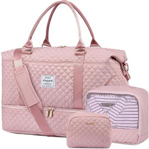 LOVEVOOK Travel Duffle Bag,Weekender Bags for Women with Shoe CompartmentCarry on Overnight Bag with Toiletry Bag,Gym Duffel Bag with Wet Pocket, Hospital Bags for Labor and Delivery (Large-3Pcs, Pink)